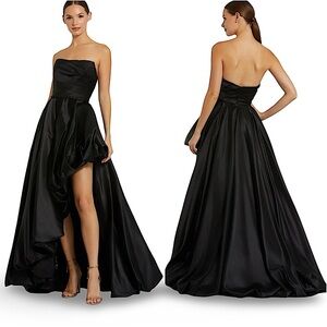 NWT Mac Duggal Strapless Ruched High Low Gown | Black Satin Size 2